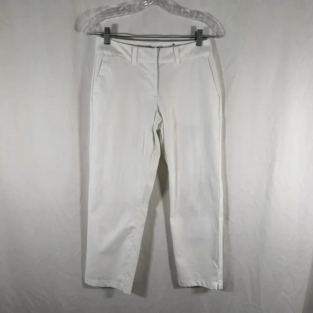 Nike Golf Pants Womens 2 Solid White Dri-Fit Active Button Zip Hook Eye Mid Rise